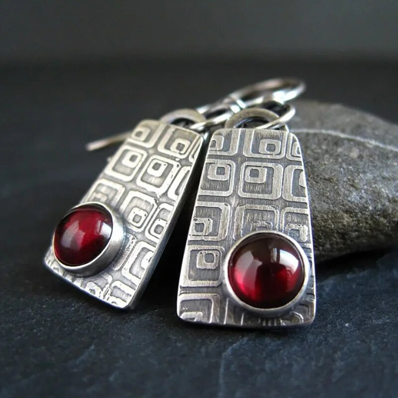 Vintage Red Stone Rectangular Earrings
