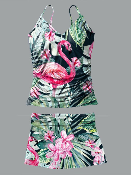 V-Neck Flamingo Tropical Plants Print Sling Pleated Tankini Set Swimsuit