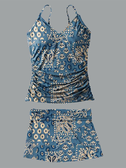 V-Neck Vintage Ethnic Paisley Print Vest Pleated Tankini Set Swimsuit