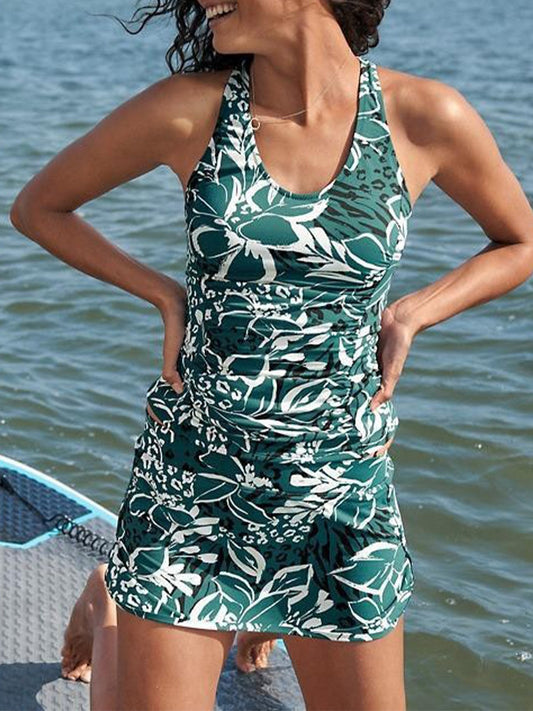 Women’s Round Neck Racer Back Floral Print Skirt Tankini Set Swimsuit