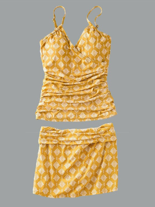 Women’s V-neck Honey Gold Tile  Print Suspender Skirt Tankini Set Swimsuit