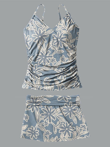 V-Neck Flowers Print Halterneck Pleated Tankini Set Swimsuit