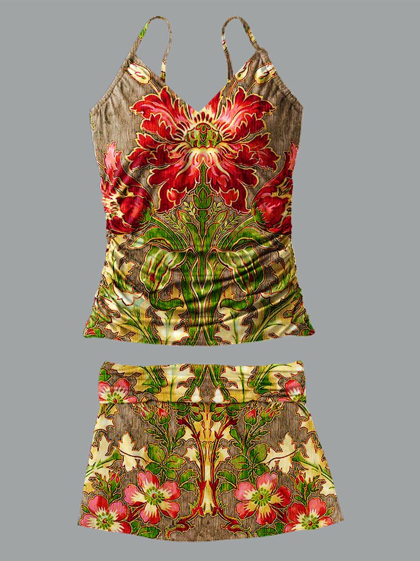 Women’s V-neck Vintage Ethnic Flower Print Suspender Skirt Tankini Set Swimsuit